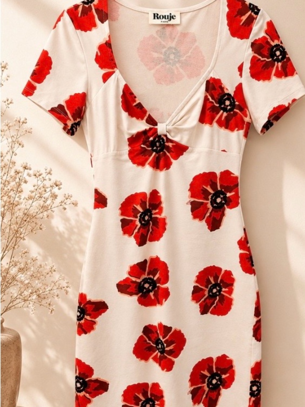 Rouje Tanais Dress with Red Poppy Print on Ecru Background